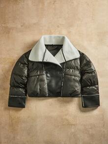 Anewsta 厚款短款宽松皮革拼接大领女式夹克