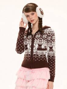 ROMWE Kawaii 女士休闲几何图案拉链连帽开衫，秋冬季 - 棕色 - 查看 5