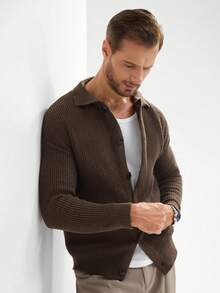 Claim Dot 男士纯色翻领纽扣开衫，落肩宽松厚实都市时尚休闲粗针开衫，送给丈夫、男友的礼物，秋冬季长袖上衣