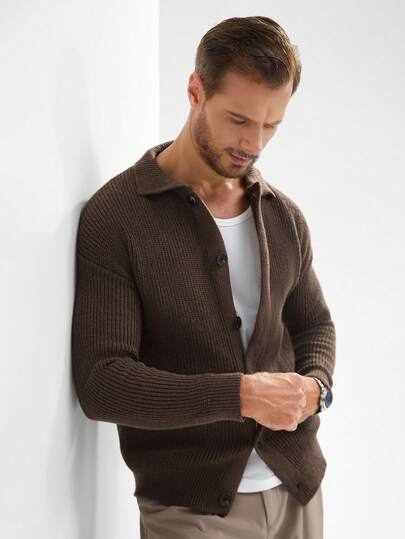 Claim Dot Áo khoác cardigan nam cổ bẻ cài nút màu trơn trễ vai dáng rộng dáng suông đơn giản thời trang đô thị, dành tặng chồng, quà tặng bạn trai, thu/đông, áo dài tay
