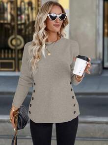 Chiquease 双排扣装饰纯色圆领长袖休闲毛衣 - 卡其色 - 查看 5