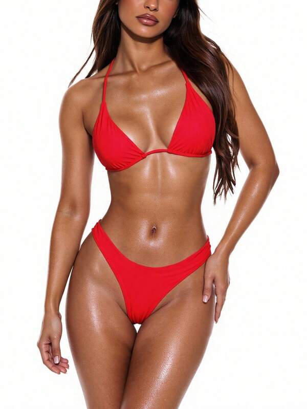 Swim Vcay 2pcs Women's Solid Color Halter Tie Sexy Bikini Swimsuit Set, Summer Beach