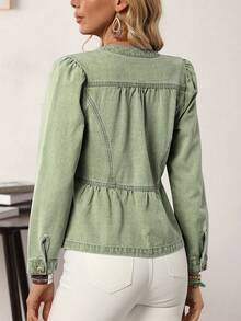 EMERY ROSE 女式休闲牛仔夹克，长袖，单排扣和荷叶边下摆，绿色牛仔夹克，女式绿色春季夹克，女式轻便绿色夹克，女式绿色夹克