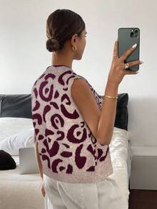 Siren Gaze 秋冬女士休闲豹纹提花针织毛衣背心 - 卡其色 - 查看 2