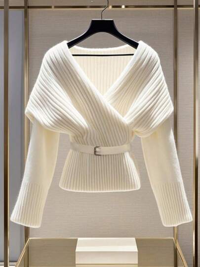 Franclia Plus Size Women Elegant Solid Color Waist Belt Knit Pullover Sweater