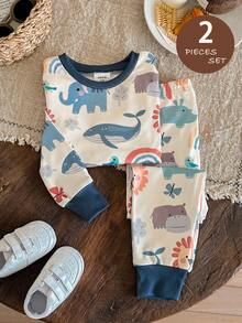 LMoss Kids LMoss Set 2 buc. pentru băieți, top cu guler rotund, tricotat auriu, și colanți, lenjerie de casă casual, croială potrivită, pijama pentru copii, set 2 piese cu mânecă lungă pentru băieți, pijama pentru copii, pijamale cu imprimeu animal pentru copii, stiluri confortabile de toamnă și iarnă. - Multicolor - Vizualizare 3