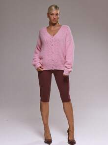 MUSERA Puszysty dzianinowy kardigan z dekoltem w serek, zimowy, uroczy, swobodny, przytulny - Różowy - Zobacz 5