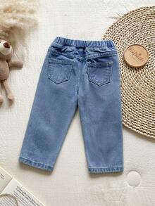 Vintaside Kids Baby Boy Casual Bear Patch Denim Jeans - Medium Wash - View 2