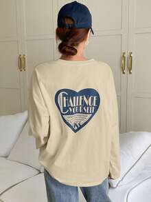 FRIFUL Women's Slogan & Heart Print Round Neck Dropped Shoulder Long Sleeve Casual Loose T-Shirt Graphic Tee - Apricot - View 5