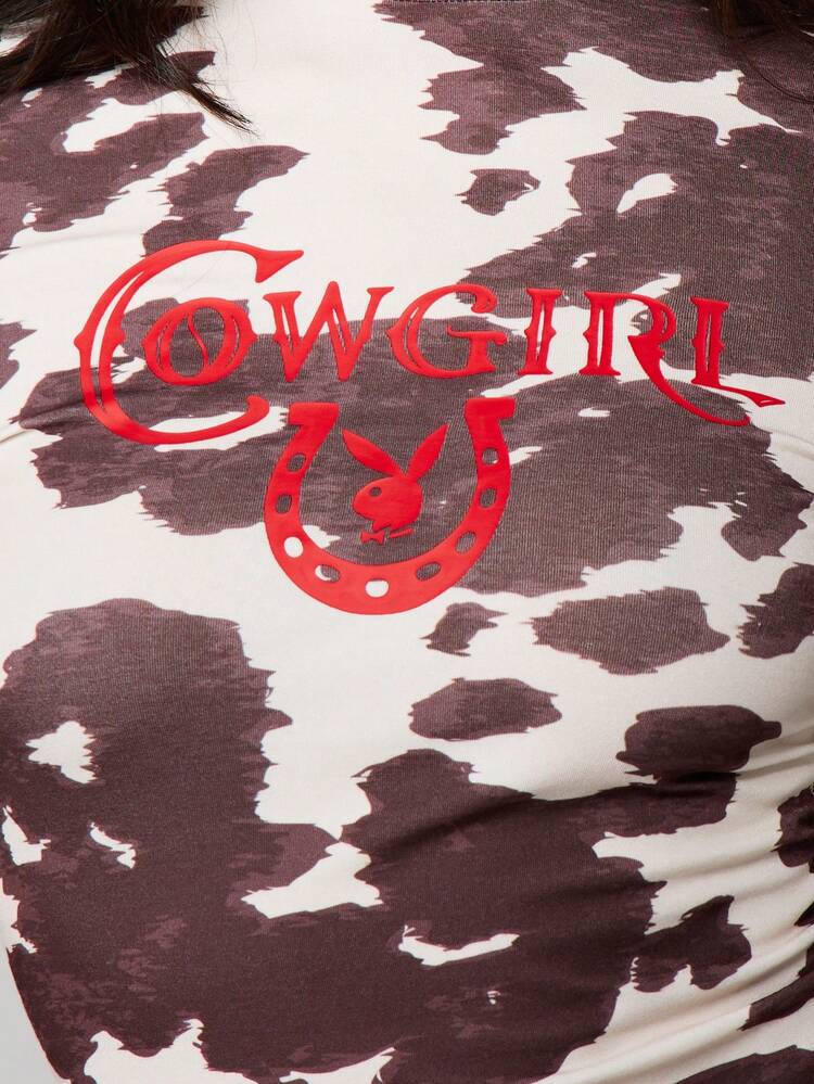Missguided x Playboy Maglietta a maniche lunghe corta con stampa di mucca e maniche a contrasto, ideale per i look a strati in autunno e inverno