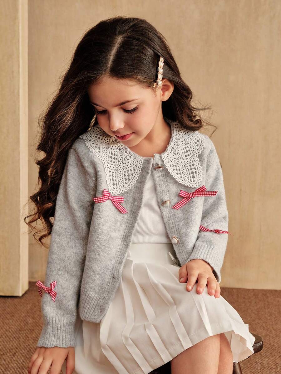 SHEIN Young Girl Cute Gray Cardigan Knit Sweater With Floral Lace Collar, Patchwork Long Sleeve, Bow Button Front Girl Cardigan Sweater Lace Collar Cardigan Fall Winter - Light Grey - View 1