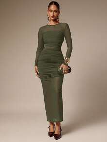 Silquee Vestido ajustado de fiesta elegante de mujer de unicolor con malla fruncida - Verde militar - Ver 6