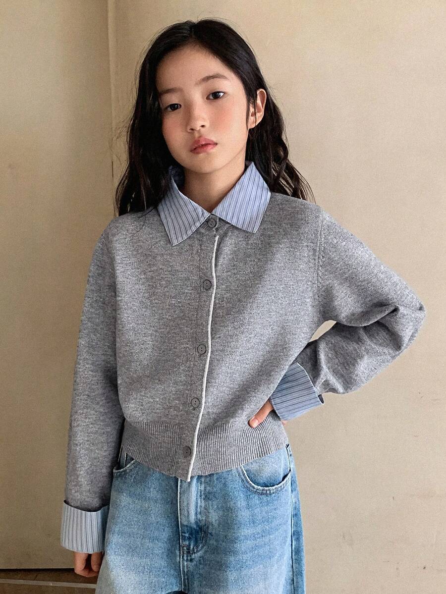 Dazy Kids 少女休闲简约条纹拼接开衫，秋冬季