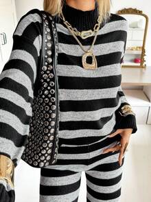 Siren Gaze 2pcs Women Black And White Striped Sweater Set,High Neck Long Sleeve Drop Shoulder Pullover And Pants Suit,Autumn Casual Lounge Knit 2 Pieces Outfit - Multicolor - View 4