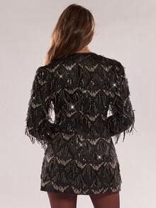 SHEIN BAE Women's Long-Sleeve Sequined Fringe Single-Button Elegant Fashion Blazer,, Perfect For Parties,And Festive Occasions Party Blazer, Black Fringe Blazer - Black - View 2
