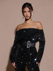 SHEIN BAE Elegante y encantadora blazer de hombro descubierto para mujer, atuendo elegante y brillante para fiestas y Navidad, glamorosa blazer de un solo hombro, perfecta para atuendos de fiesta y looks de citas, blazer de un solo hombro con cinturón. Ropa de otoño e invierno para mujer - Negro - Ver 5