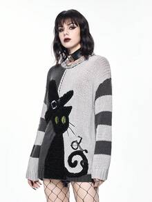ROMWE Goth 神秘暗黑猫嵌花阴阳条纹宽松圆领毛衣 - 彩色 - 查看 5