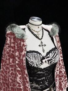 Sweetra Leopard Faux Fur Minimalist Hat & Short Vintage Casual Jacket - Pink - View 5