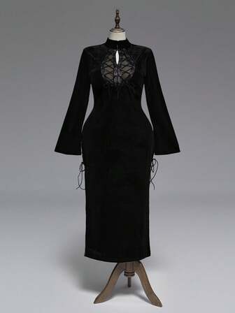 Goth Vestido largo negro de manga abullonada con cordones y encaje en el pecho para tallas grandes, Vestido de manga abullonada ajustado para tallas grandes, Vestido largo de terciopelo negro para otoño/invierno para tallas grandes