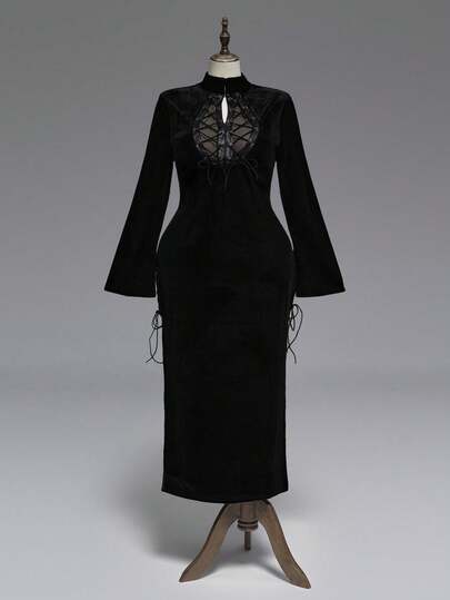 Plus Size Gothic Chest Hollow Lace-Up Flare Sleeve Long Black Dress, Plus Size Women Bodycon Flare Sleeve Dress, Plus Size Black Velvet Long Dress For Autumn/Winter