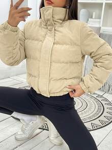 SHEIN EZwear 大码女式拉链纽扣灯芯绒棉服夹克（秋冬） - 卡其色 - 查看 8