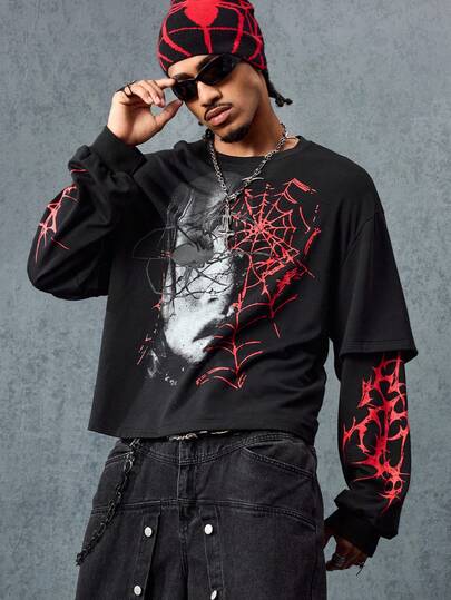 Street Life Camiseta de manga larga con estampado oscuro 2 en 1 para hombre