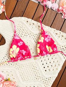 Swim Mod Women's New Circular Print Metal Decor V-Neck Halter Backless Triangle Bikini Top, Spring/Summer - Multicolor - View 6