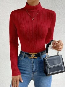 RosyDaze Kaos Wanita Lengan Panjang Kerah Tinggi Minimalis Warna Polos, Pakaian Sehari-hari - Merah - View 3