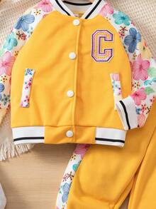 SHEIN Bộ 2 áo khoác và quần dài cổ bóng chày in họa tiết hoa tay raglan cho bé gái trang phục thường ngày - Màu vàng - Xem 8