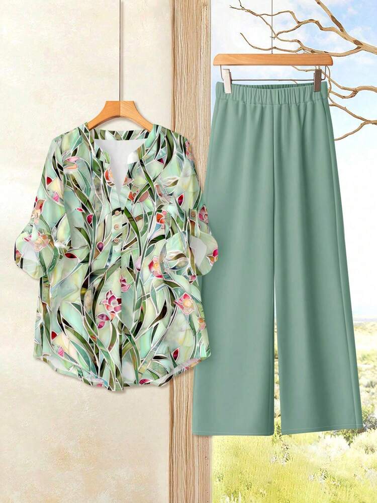 2pcs Women's Elegant Casual Vacation Long Sleeve Shirt Set, Autumn/Winter