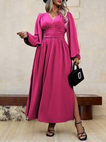 Roveilla 大码V领长袖褶皱简约长款休闲连衣裙女装 - 玫紅色 - 查看 7