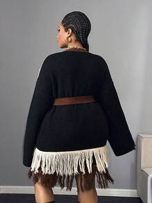 Maweii Women's Chocolate Brown Autumn Girlism Everyday Knitted Cardigan,Retro V-Neck Long Sleeve Tassel Color Block Waist Belt Plus Size Outerwear - Multicolor - View 3