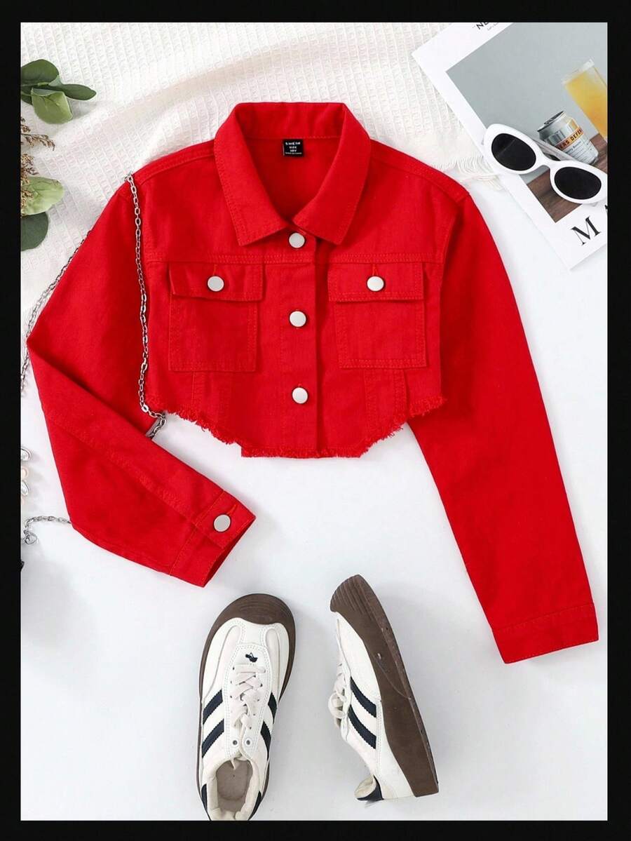 SHEIN 女孩街头风格短款牛仔夹克 - 紅色 - 查看 1