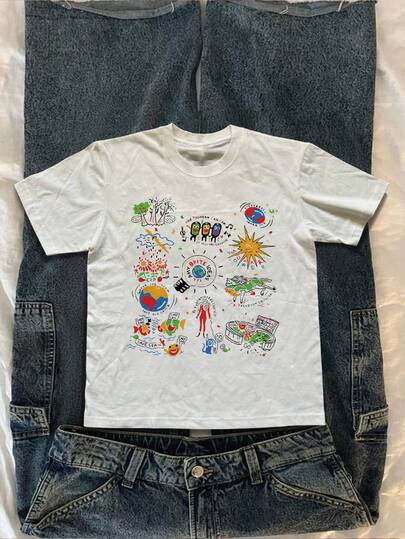 Glimmora Camiseta casual de mujer de cuello redondo y manga corta con estampado de dibujos animados