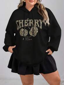 SHEIN CURVE+ 休闲简约豹纹和樱桃印花连帽宽松厚款女士运动衫，秋冬女装，冬季，CURVE PLUS - 黑色 - 查看 3