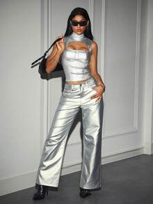 SHEIN Y2K Fashion Silver Collar Cup Strap Fitted Coated Women Top - Silver - View 3