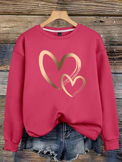 EMERY ROSE Women's Gold Heart Print Round Neck Long Sleeve Sports Casual Sweatshirt Pullover, Suitable For Autumn And Winter
