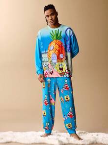 SpongeBob SquarePants | SHEIN Men's Casual Cartoon Pattern Long Sleeve Top And Pants Loungewear Set, Autumn, Winter Clothes - Blue - View 5