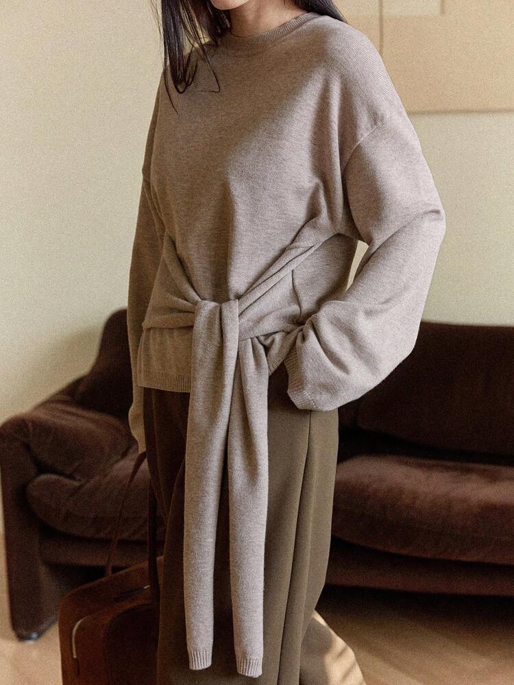 Autumn/Winter Loose Business Casual Elegant Brown Design Crew Neck Waist Tie Knit Sweater For Women