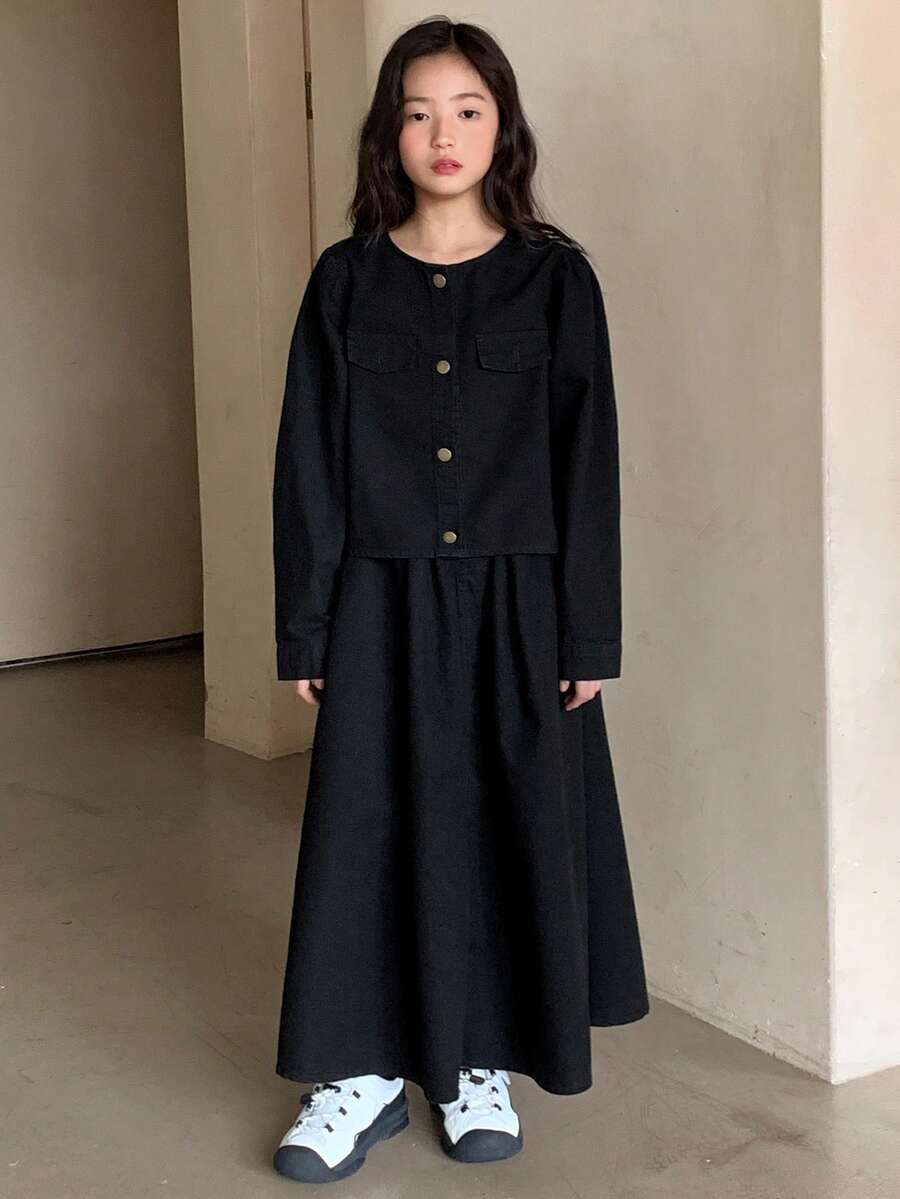 DAZY 女童牛仔上衣和裙子套装 - 黑色 - 查看 1