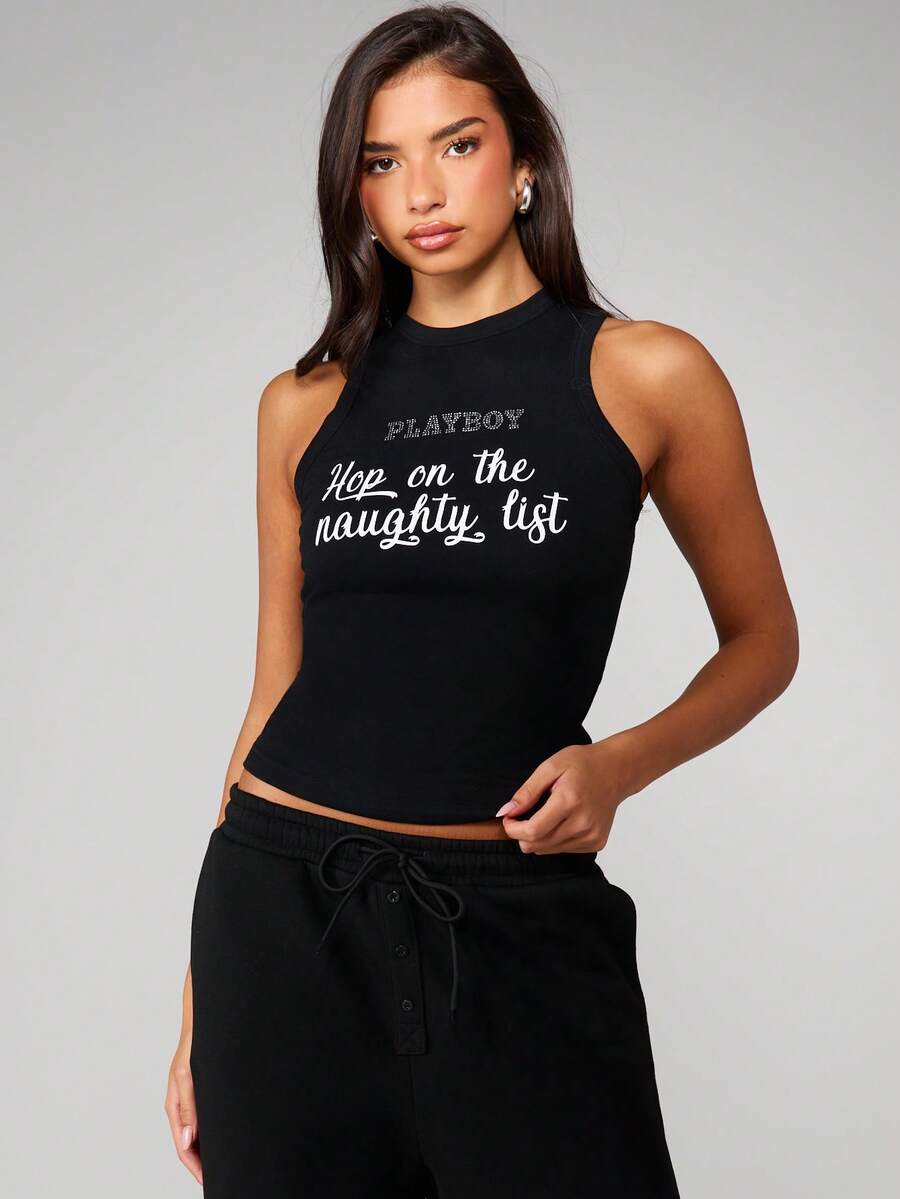 Missguided x Playboy Sleeveless Tank Top With Christmas Holiday Slogan Print For Casual Wear - Black - View 1