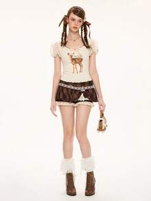 ROMWE Kawaii 可爱小鹿印花蝴蝶结装饰安妮女王领口女式T恤 - 杏色 - 查看 6