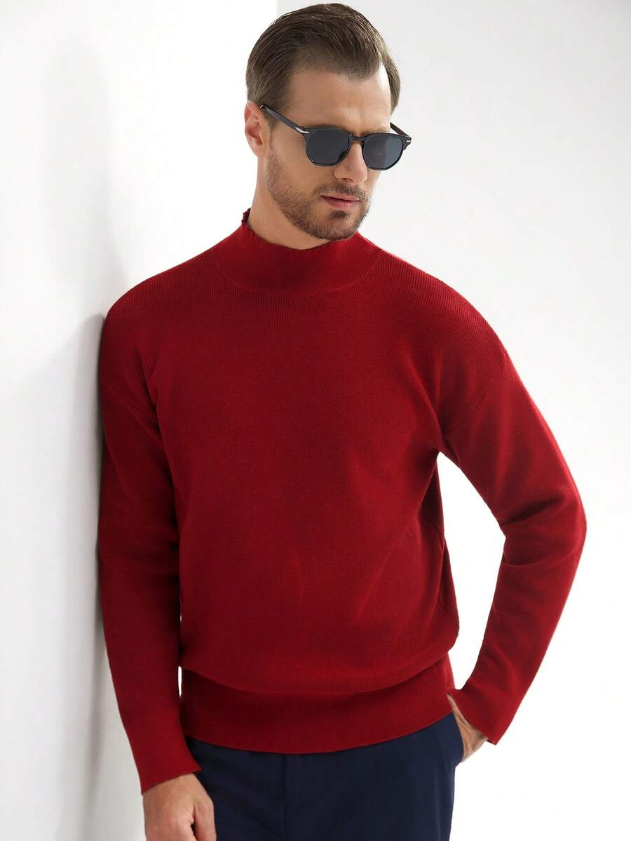 Manfinity Mode Áo len chui đầu tay dài cổ đứng màu trơn cho nam, thời trang thu/đông - Đỏ - Xem 1