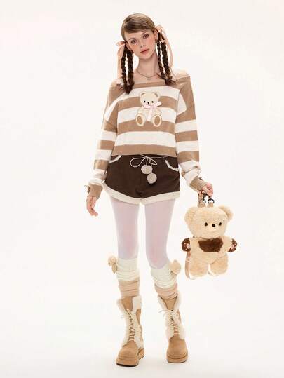 Kawaii Short en fausse fourrure marron mignon et patchwork pour femmes