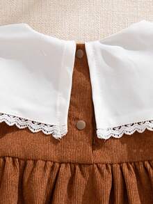 Souflis Souflis Vestido a juego familiar de otoño para niñas jóvenes, dulce vestido de pana con cuello azul marino, lazo bordado, volantes, mangas abullonadas, corte holgado, lindo y de moda para invierno - Marrón - Ver 7