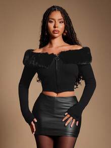 Radiana Modischer Damen Patchwork Cardigan mit Fellbesatz an den Schultern und Reißverschluss, Herbst