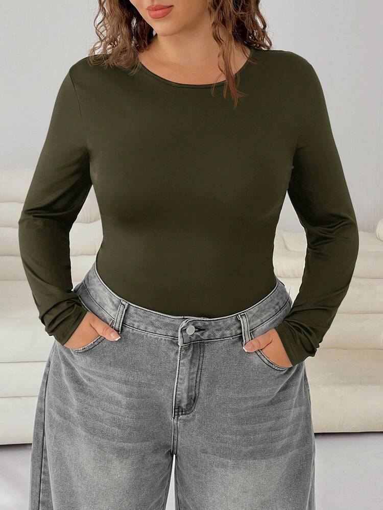 SHEIN EZwear Plus Size Women Olive Green Round Neck Long Sleeve Casual T-Shirt Bodysuit - Dark Green - View 4