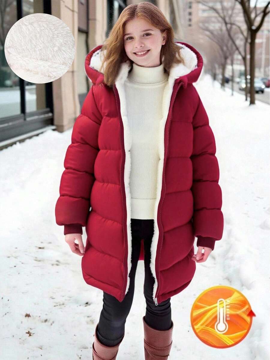 SHEIN 1 件 Tween Girl 中长袖棉衣，毛绒衬里，舒适保暖，纯色外套