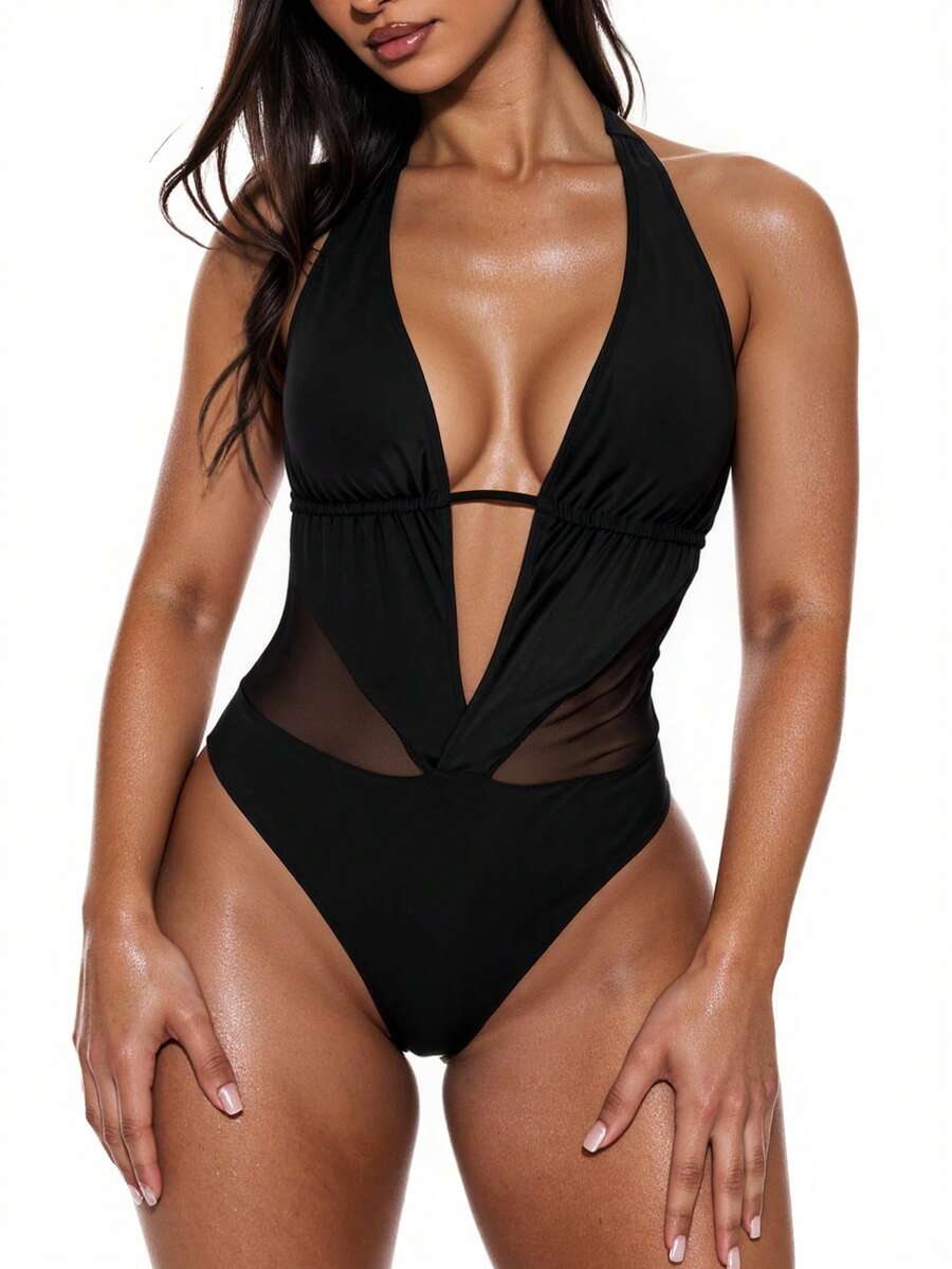 Swim Vcay 女式露背連帽網編單片泳衣,帶肩帶款式