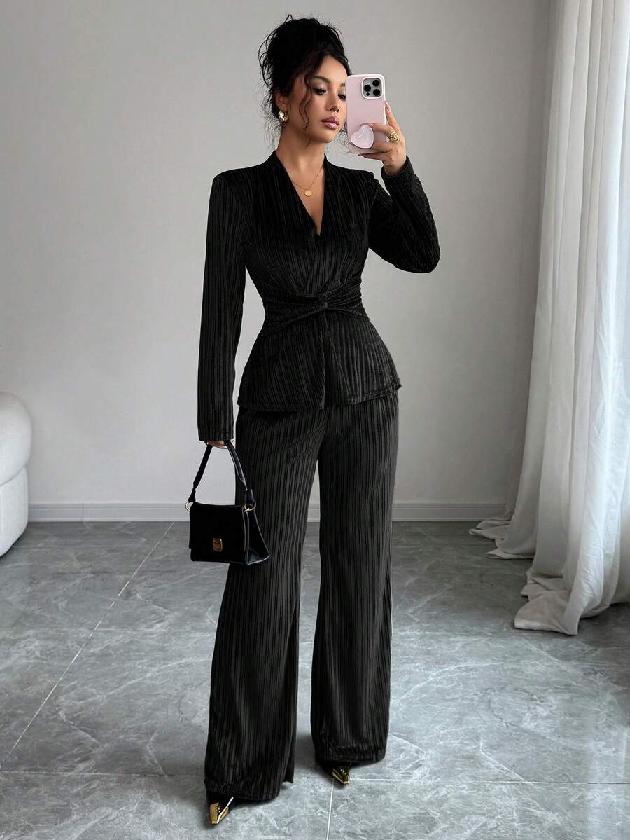 Elenzga New Elegant V-Neck Twist Waist Long Sleeve Top And Flare Leg Pants Set - Black - View 1